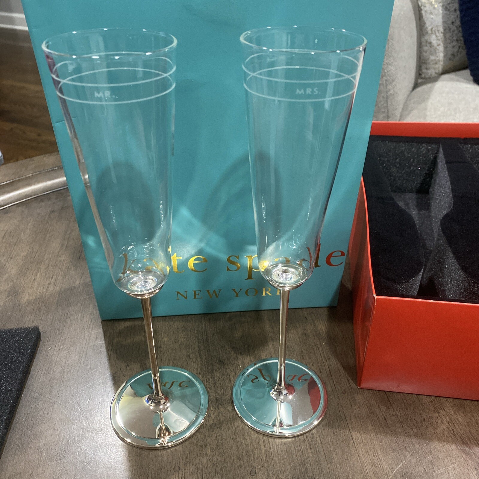Kate Spade Darling Point "Mr. & "Mrs." Champagne Flutes Pair Lenox With