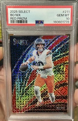 2025 Panini Select Bo Nix Red Prizm 10/49 PSA 10 Jersey Number Match #211