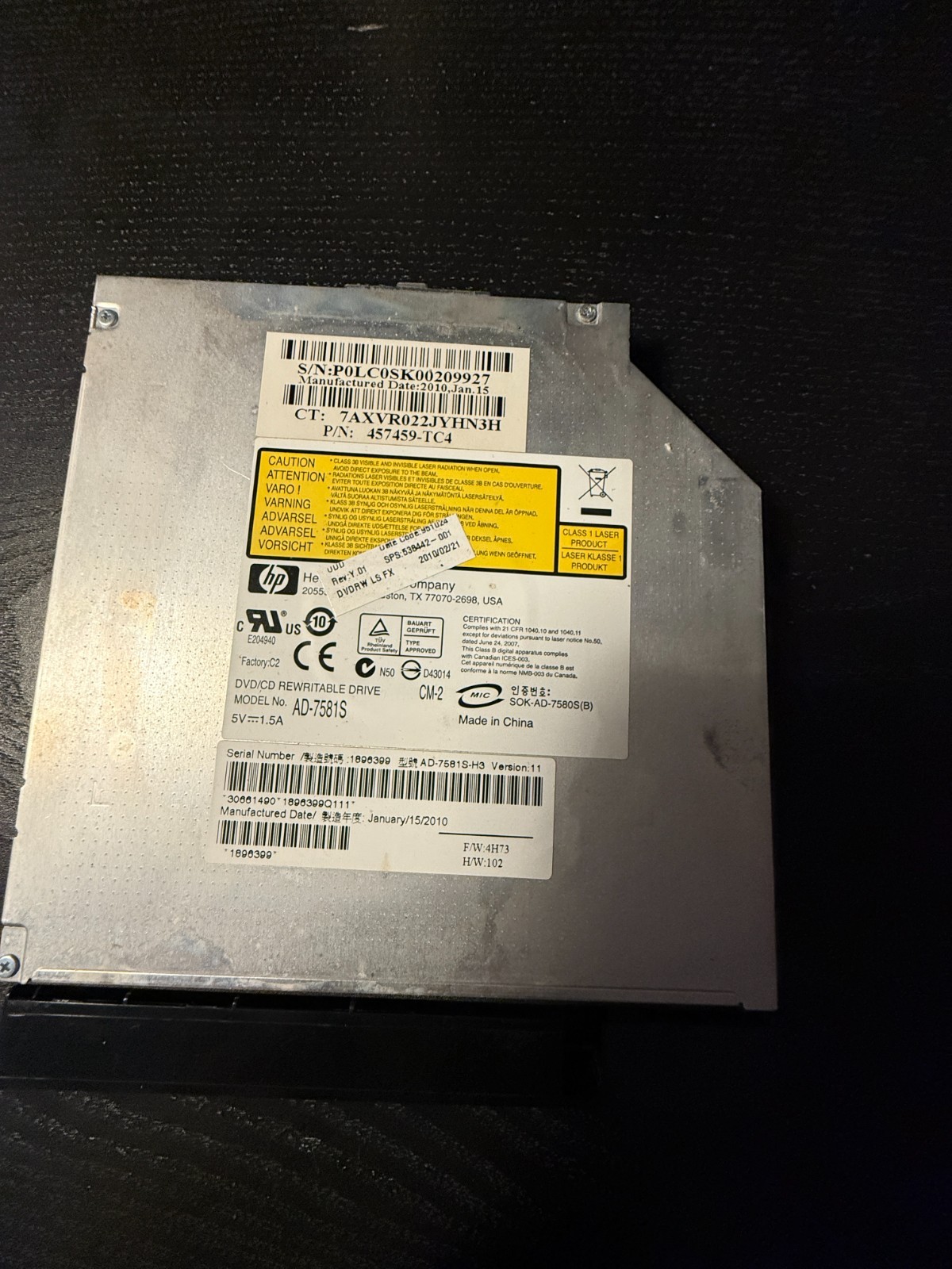 Masterizzatore DVD RW LightScribe Slim SATA HP AD-7581S SPS 538442-001 per Lapto