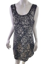 ALEXO Damen Kleid Gr. 44 Schwarz Ärmellos Spitzenstickerei Knielang Runder