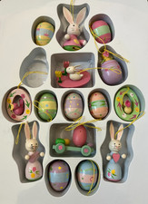 Vintage Wooden Easter Tree Miniature Decorations Bunny Eggs Taiwan