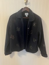 90s Vintage Navy Corduroy Jacket Leaf Embroidery Cottage Granny Nature Autumn