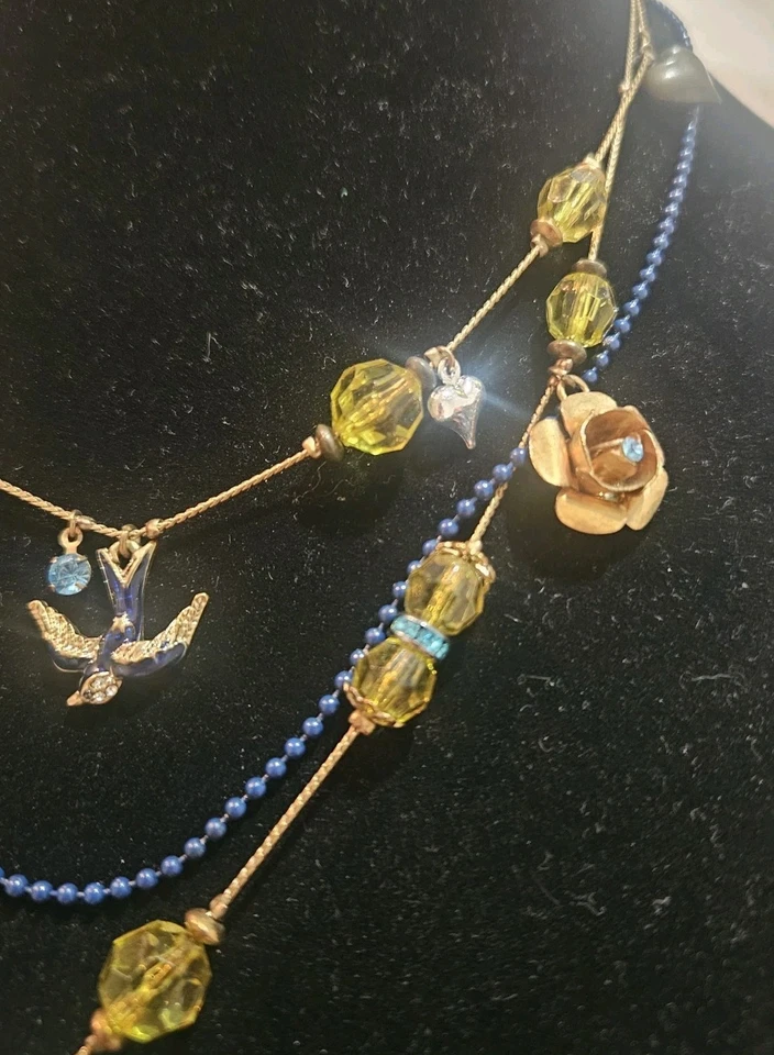 Betsey Johnson Layered 3 Strand Heart Flower Bird Charm Necklace Up to 8" Neck - Image 3 of 4