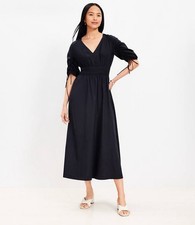 Loft Tie Puff Sleeve Midi Dress Black Large Cotton Modal Romantic Milkmaid