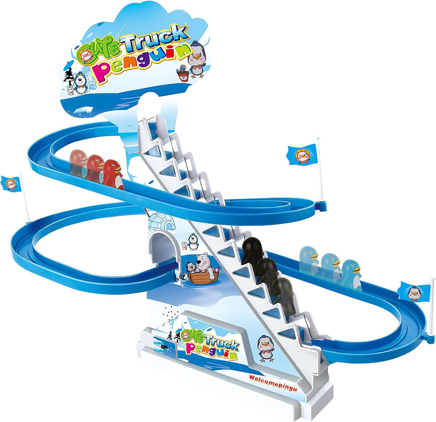 Penguin Race Game Toy Playful Musical Roller Coaster Track Playset with Music & 
