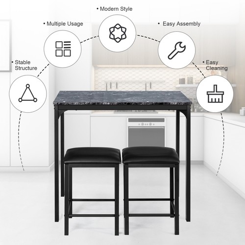 3PC Dining Table Stool Set Metal Bar Table Chair Kitchen Cafe Pub Black/White - Picture 28 of 33