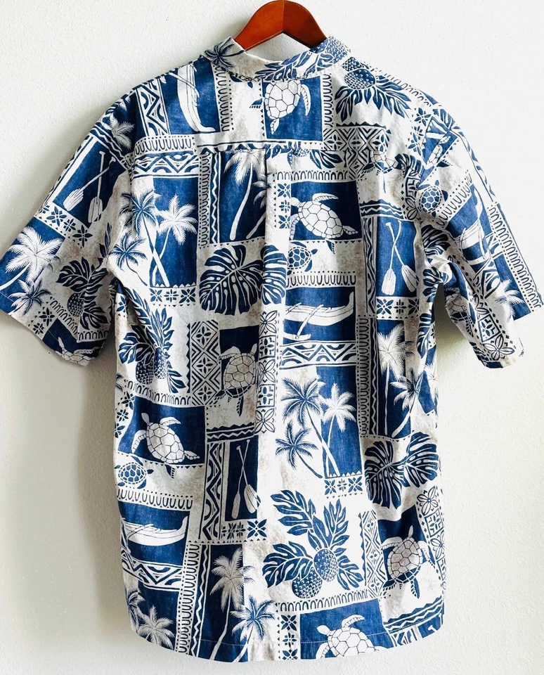 MAIKA'I 夏威夷服装 XL 蓝色和米色短袖纽扣露营衬衫 — 第 4/4 张图片