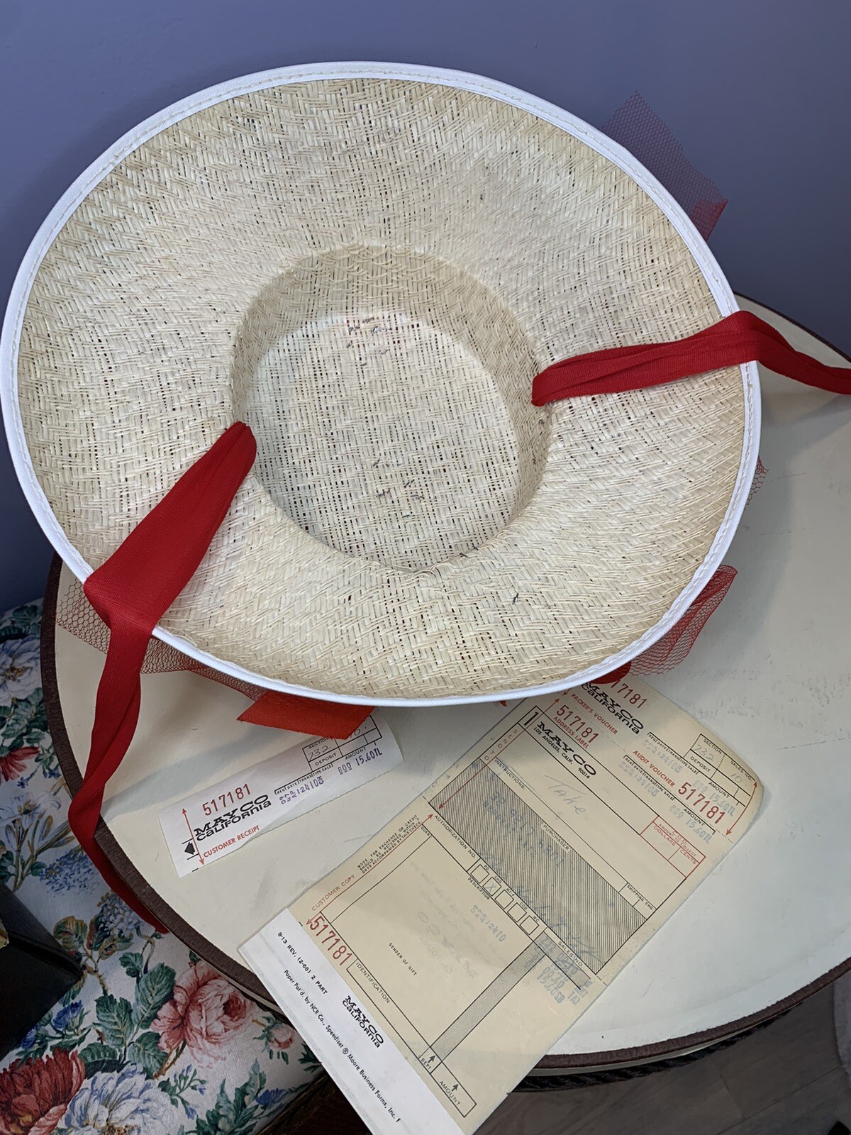 1960s Straw Boater Hat With Red Chin Straps, Flowers,… Gem