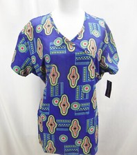 Cassandra O Women's Wrap V-Neck Short Sleeve Knit Stretch Scrub Top Aztec LARGE