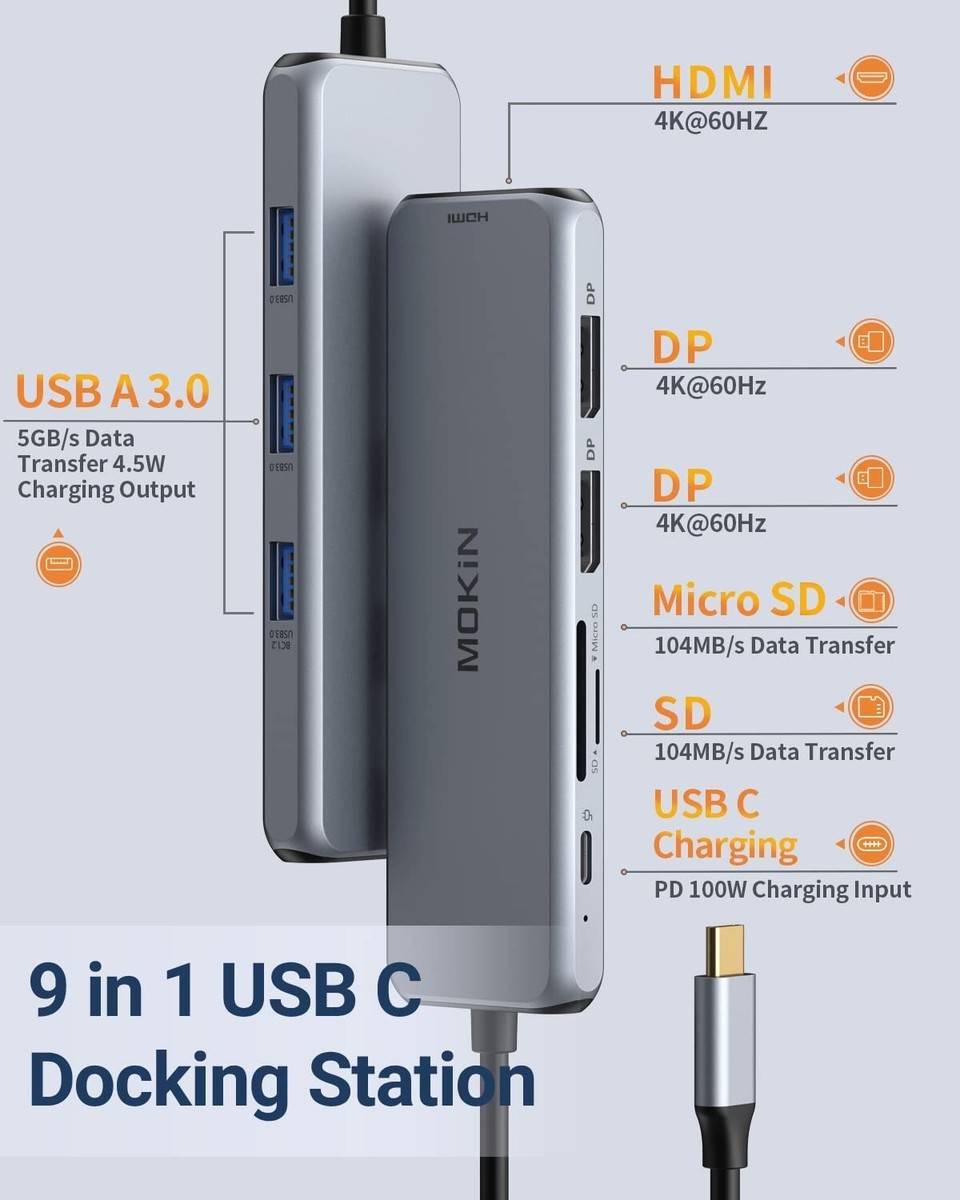 USB C Docking Station Dual HDMI MOKiN 6-in-1 USB-C Dual Monitor Docking ...