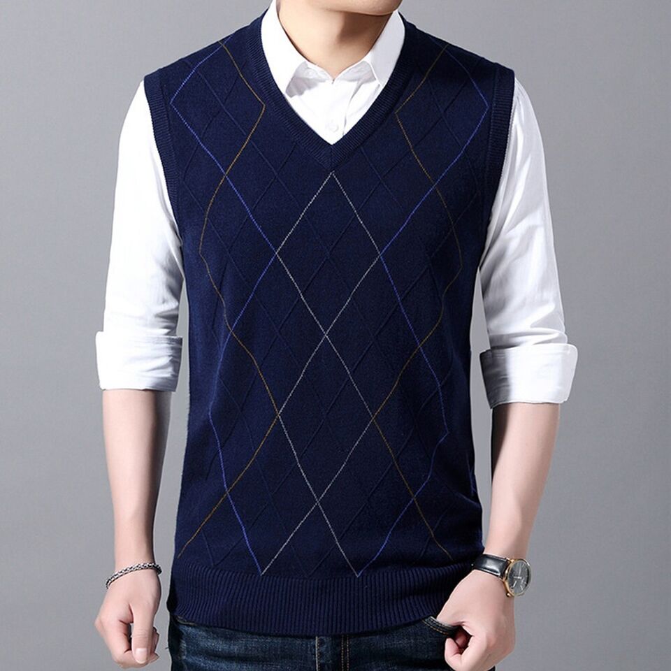 Men Sweater Vest Knitted Casual Top V Neck Sleeveless Pullover Casual ...