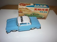 Vintage Tin Litho Friction White Blue Taxi Cab Toy Car 5.5" Long w/ Box China