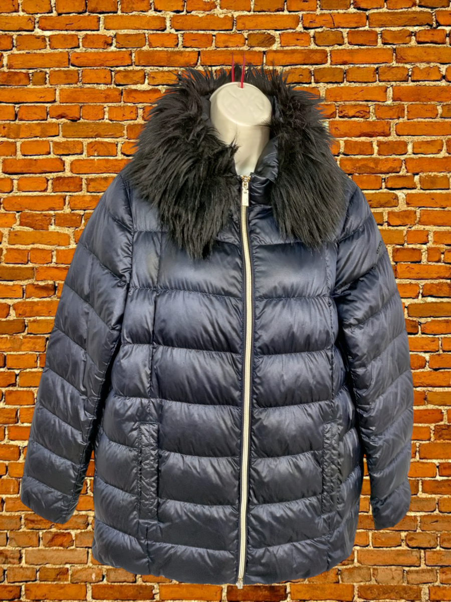 WOMENS GEOX RESPIRA UK 12 BLUE FAUX FUR DOWN PUFFER JACKET COAT