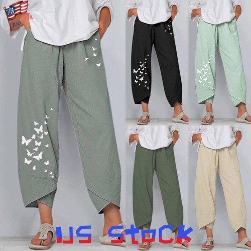 Women Cotton Linen Harem Trouser Summer Baggy Loose Casual Wide Leg Lounge Pants