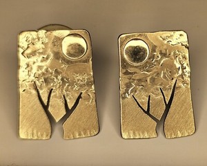 Authentic Gold Plated Pierced Earrings Tree Pattern, UNIQUE ONE OF A KIND