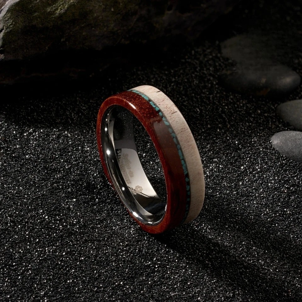 Anillo de boda clásico de carburo de tungsteno de madera roja con asta de 8 mm para hombre y mujer Foto 3 de 4