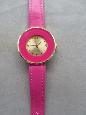 Beautiful ACT Quartz Pink Bezel Watch Pink Leather Band Gold Face New Battery
