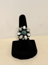 Vtg Zuni Sterling Silver Inlay Mother of Pearl Turquoise Flower Size 5 Ring 7g