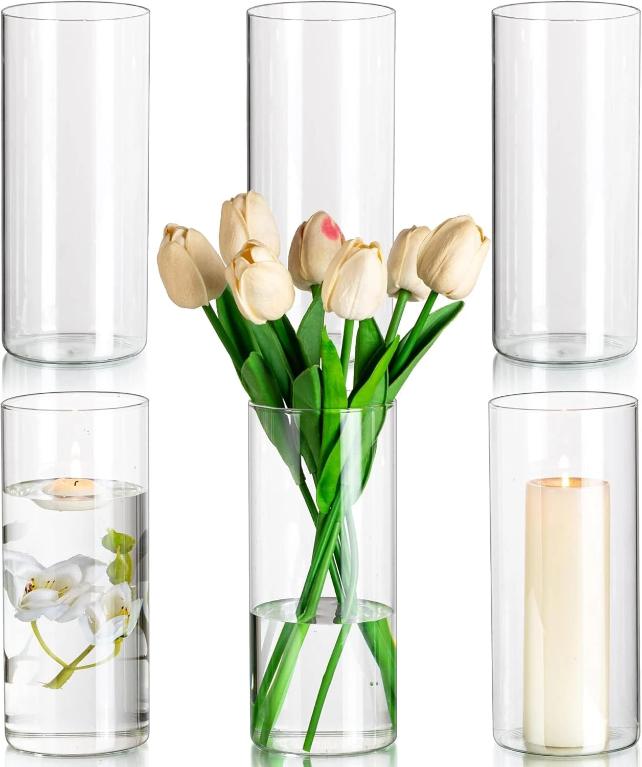 Set of 6 Clear Glass Cylinder Vases for Weddings and Home Decor, 8In