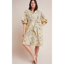 Anthropologie Josephine Puff Sleeves Button Front Dress Yellow Sz L Boho EUC
