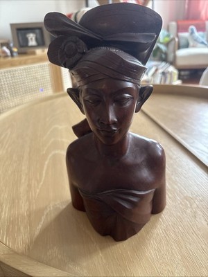 Vtg Hand Carved Balinese Bali KlungKung Wooden Man Bust Sculpture 9.5'' Tall