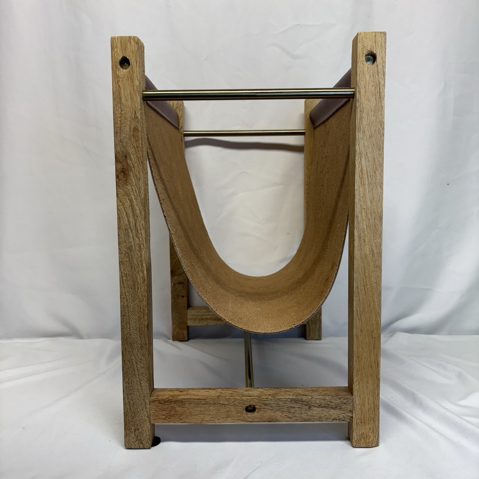 Threshold /Studio McGee Magazine Holder Natural Wood, Brown Leather, Brass EUC!