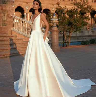 Sexy Deep V-Neck Sleeveless Satin Customized A-Line Wedding Dress For Bride