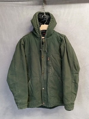 Real Ranch Canvas Jacket Mens Large Green Hooded Heavy Quilt Lined Chore