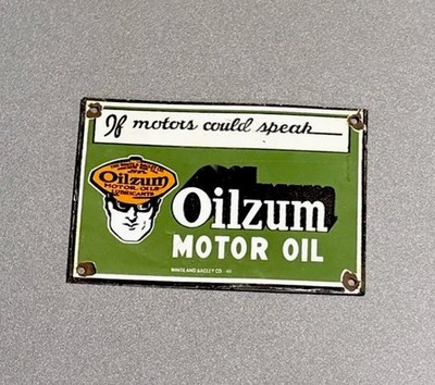 VINTAGE 1948 OILZUM MOTOR WORCESTER PORCELAIN SIGN CAR GAS TRUCK MOTORCYCLE OIL