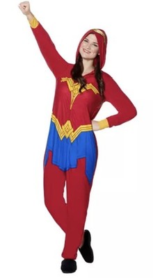 Wonder Woman Sz Women Large One Piece Hooded Pajamas Halloween Costume Zip NWT