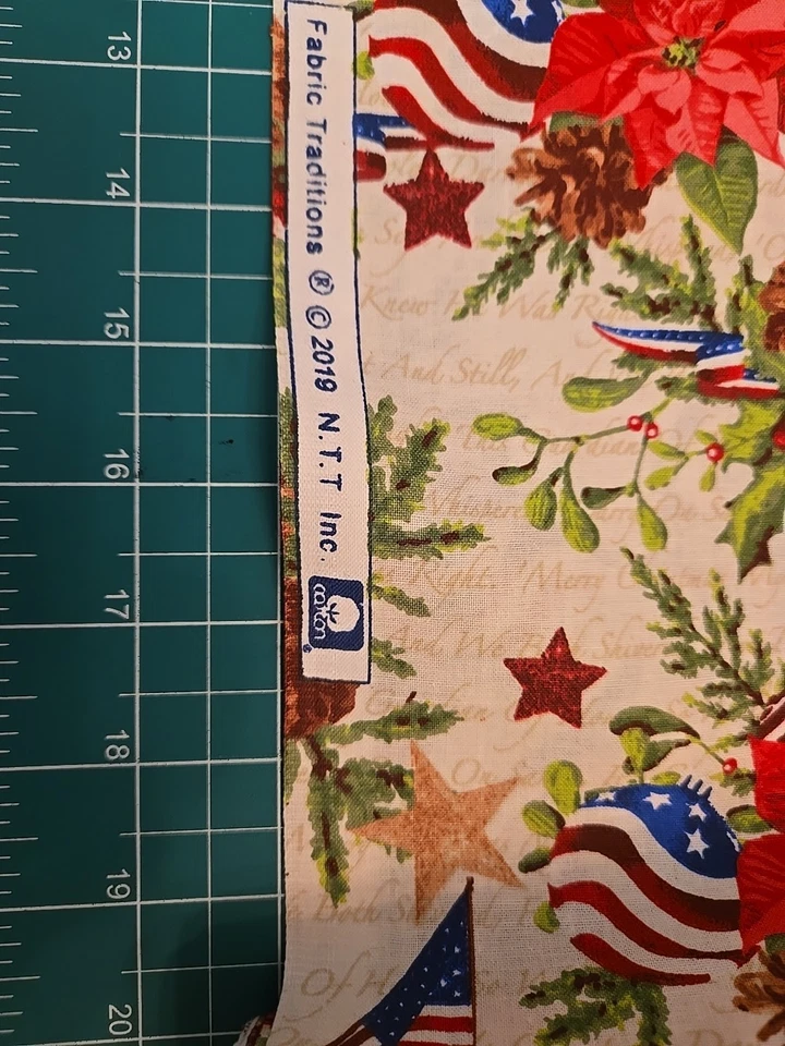 PATRIOTIC CHRISTMAS AMERICAN USA FLAG Poinsetta FABRIC BY THE YARD PINECONE EXCL - Image 4 of 4
