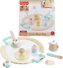 Wood Pretend Play Toy Tea Set 12-Piece Wooden Playset for Kids 3 Years