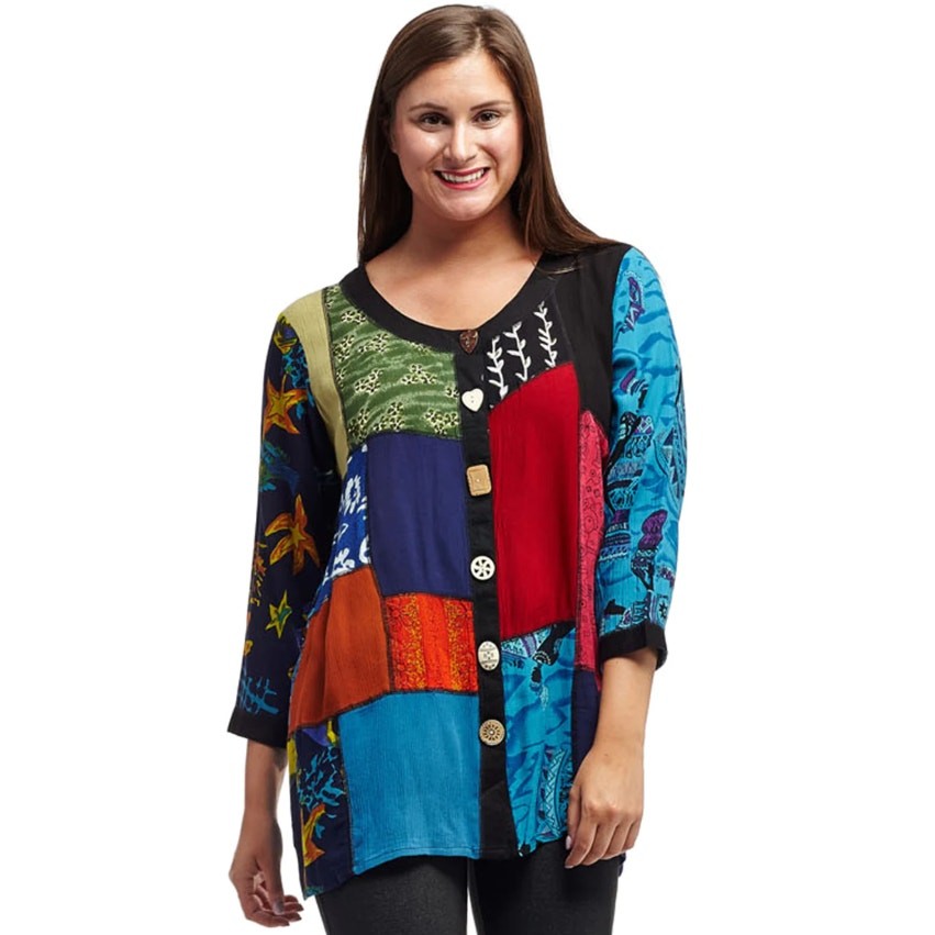 La Cera Women Patchwork Button Pattern Front Tuni… - image 1