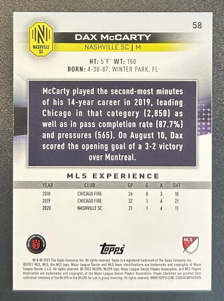 2021 Topps MLS - Dax McCarty #58 - Image 2 of 2