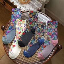 5 Pairs Women  s Floral Cotton Crew Socks, Casual  Work Socks Lot Size 6-9