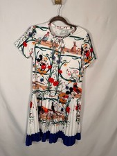 Mickey Mouse Botanical Print Dress Womens Small Pleated Short Sleeve