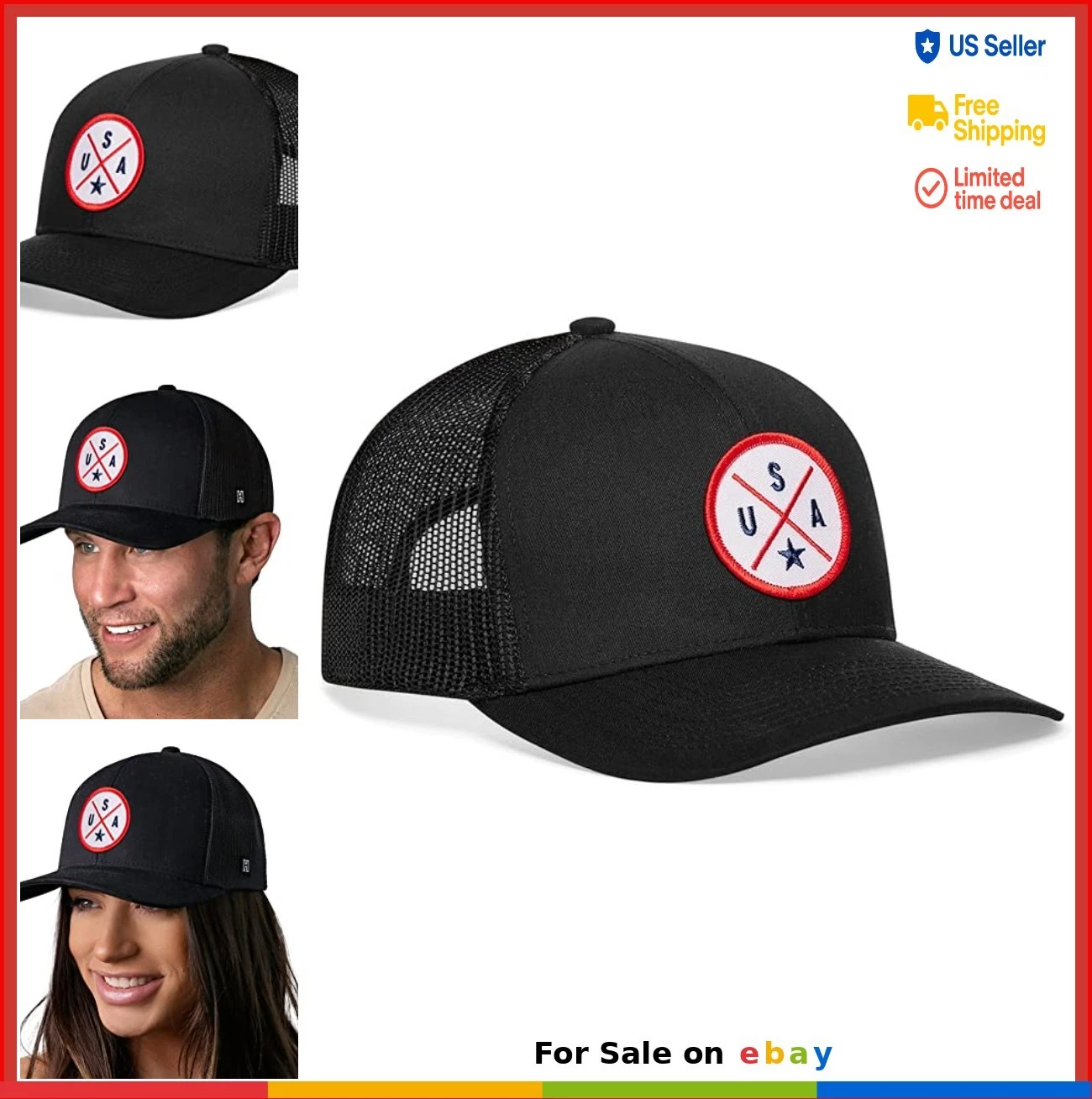 Trucker Hat Adjustable Snapback Mesh Black Golf Hat Unisex Breathable USA Patch
