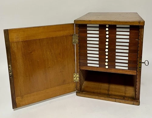 Antique Victorian Microscope Slide Cabinet Collectors Chest with Key