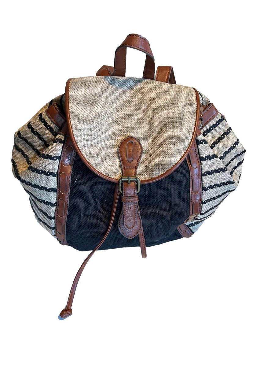 Lucky Brand Backpack Linen, Cotton, Poly Tan/Navy Stripped 