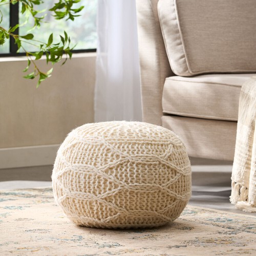 20 x 20 Malibu Knitted Wool Pouf, Round Ottoman for Modern Home Décor - Picture 2 of 9
