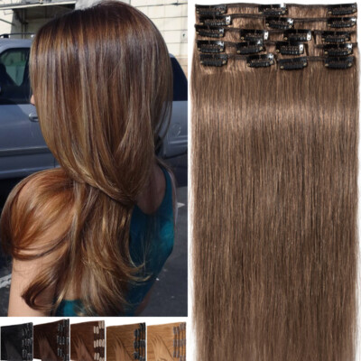 US STOCK Clip In 100% Real Remy Human Hair Extensions Full Head Highlight USPS