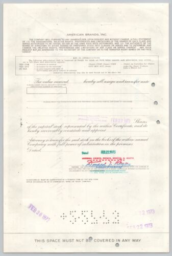 1973 American Brands Inc meno di 100 azioni certificato azioni ordinarie - Foto 2 di 2