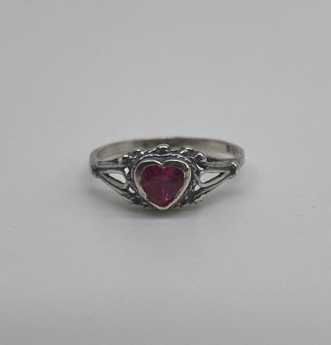 Silver Tone Red Heart Rhinestone Ring Size 4