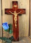 Antique Large French Inlaid Wooden Wall Crucifix Jesus Christ Figure Cross 1950s