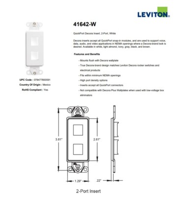 Leviton 41642-W QuickPort Decora Einsatz, 2-Port, Weiß