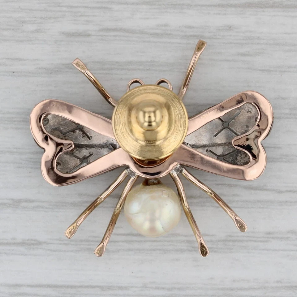 Vintage Flying Insect Bug Brooch 14k Gold Pearl Lab Created Ruby Pin - Image 4 of 4