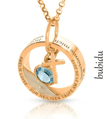 GALWANI Taufring mit Kreuz Anhänger Geburtsstein Spruchkette Taufschmuck roségold