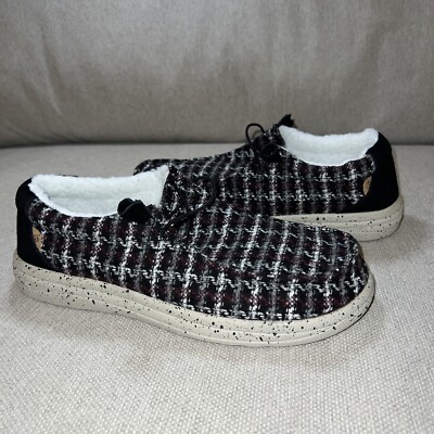Women's Lamo, Samantha Slip-On EW2059-BLKP Black Plaid Fabric Faux-Fur Sheepskin
