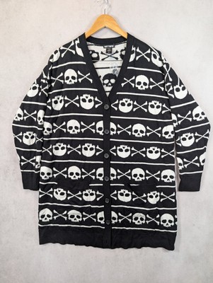 Hot Topic Womens Sweater Cardigan Skull Crossbone Scene Emo Goth Spooky Size XL