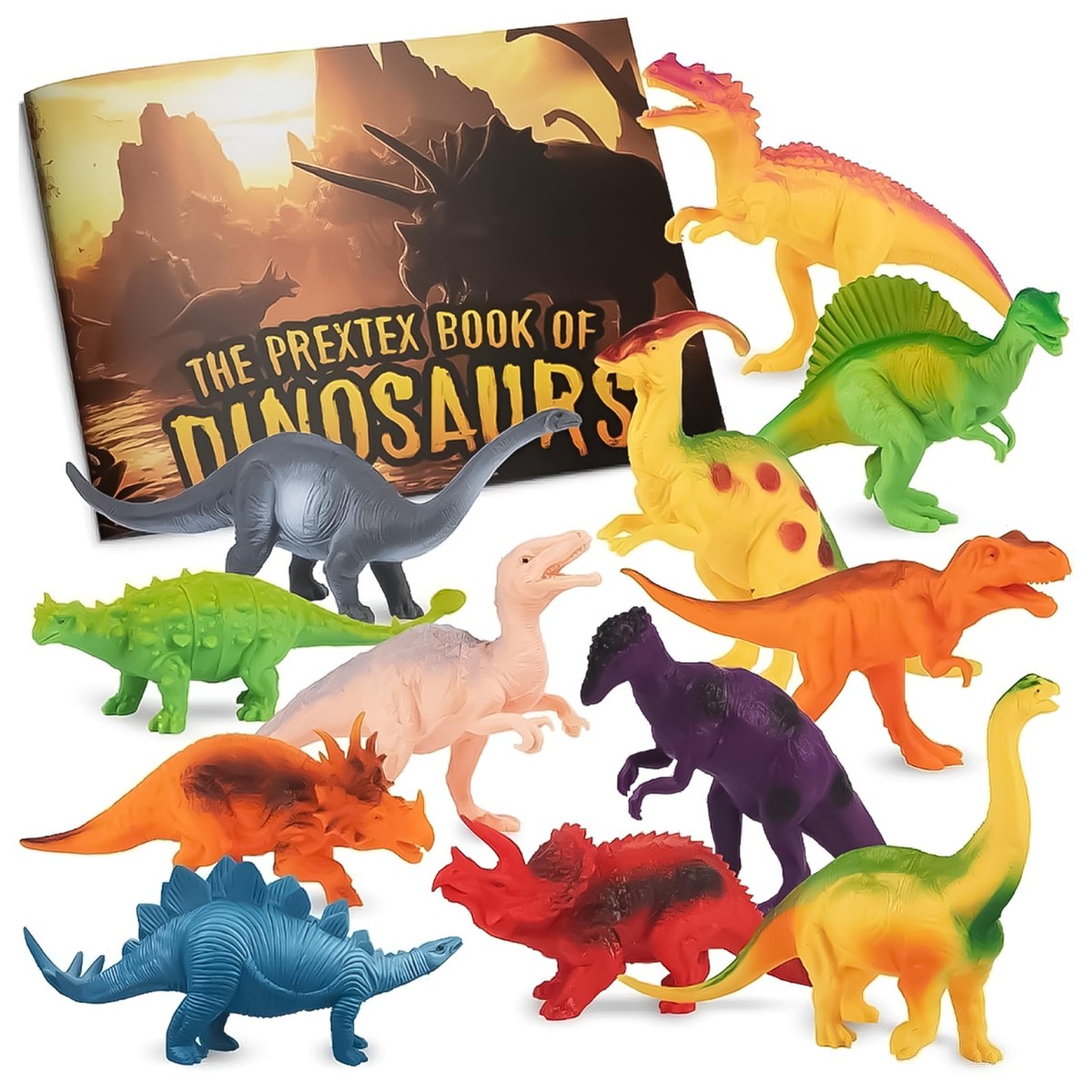 12 Pack of 7 Dinosaur Toy Figures with Educational Dinosaur Book